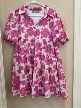 Inuovo Pink Floral Tiered Short-Sleeve Dress